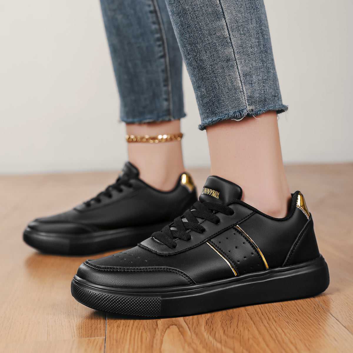 Women’s Casual Sneakers White with Gold Accents Comfortable Lace-Up Shoes