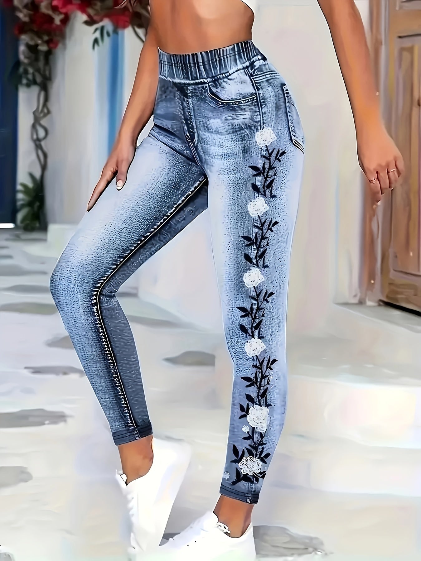 Women's High Waist Floral Print Skinny Jeans Stretch Jeggings for All Seasons