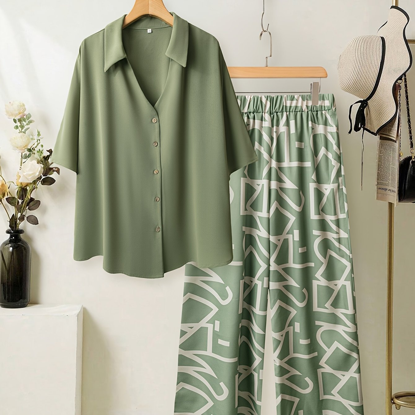 Women's Large Size Geometric Pattern Polyester Two-Piece Set Shirt and Pants