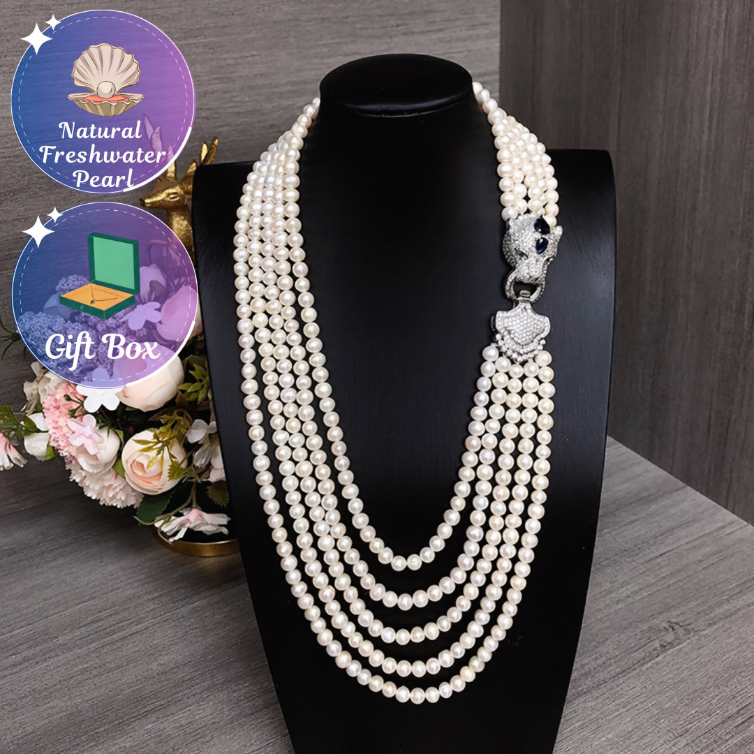 Multi-Layered Freshwater Pearl Necklace with Leopard Head Clasp White Statement Jewelry