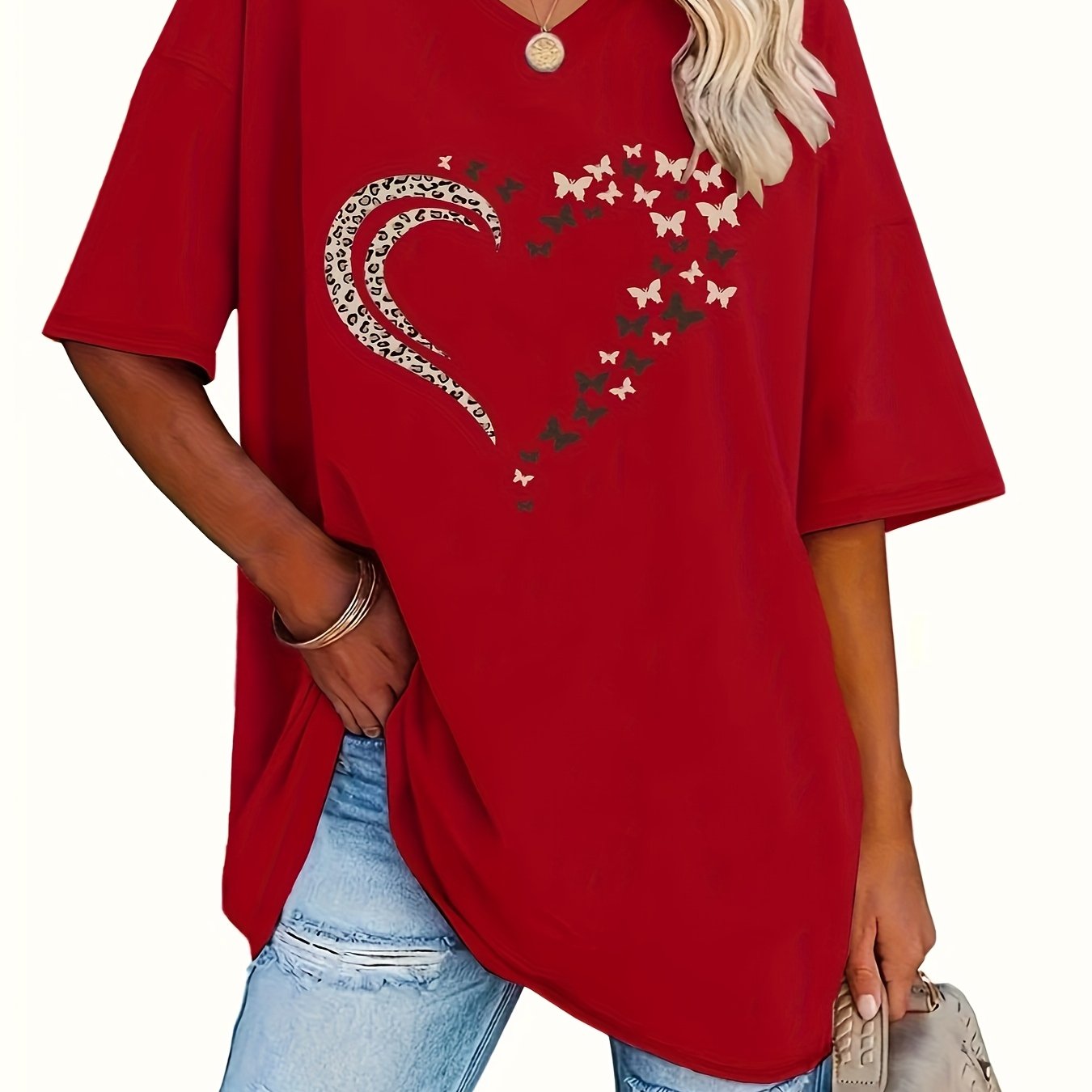 Women V-Neck Short Sleeve Loose T-Shirt Top for Spring Summer