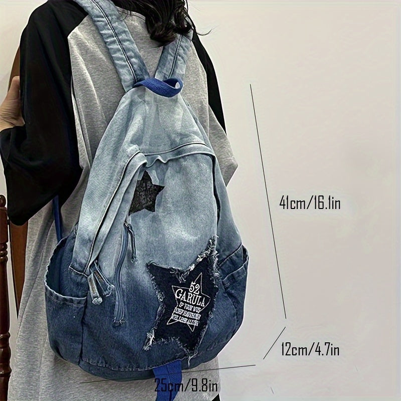 Yuvilgan Gradient Denim Elka Sumkasi, Qizil Yulduz Patch bilan, Ayollar uchun Katta Hajm