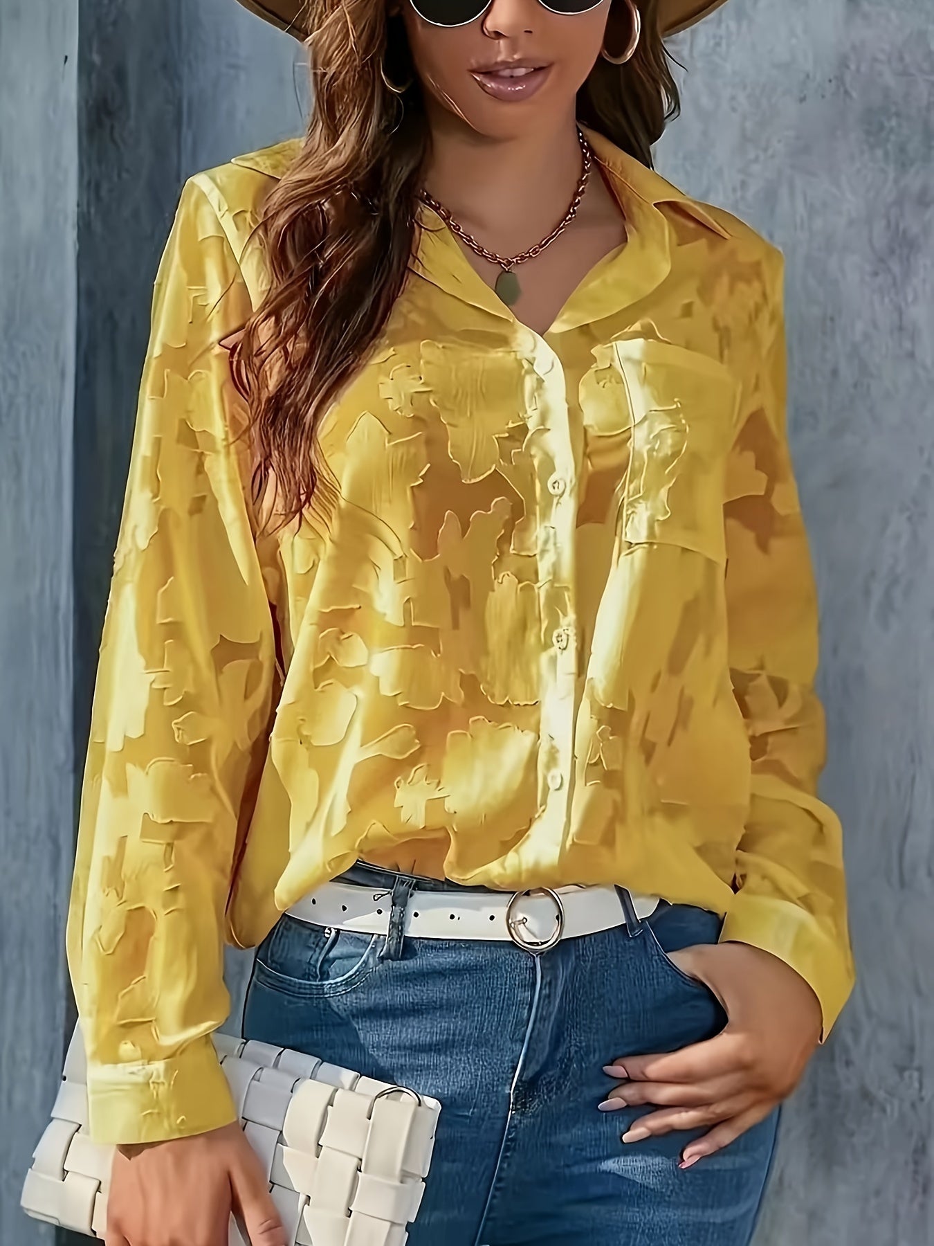 Plus o'lchamdagi ayollar bluzkasi cho'ntak bilan polyester tugma bilan yopiladigan ko'ylak