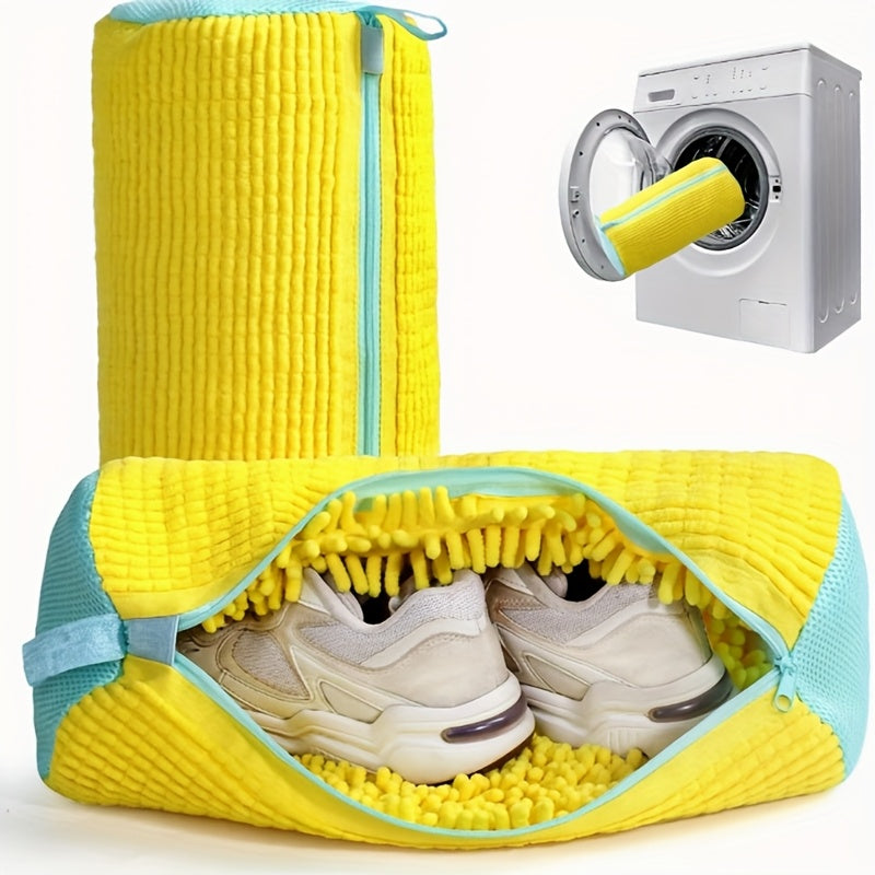 Yellow Polyester Shoe Washing Bag with Mesh Pockets Zipper Safe Laundry