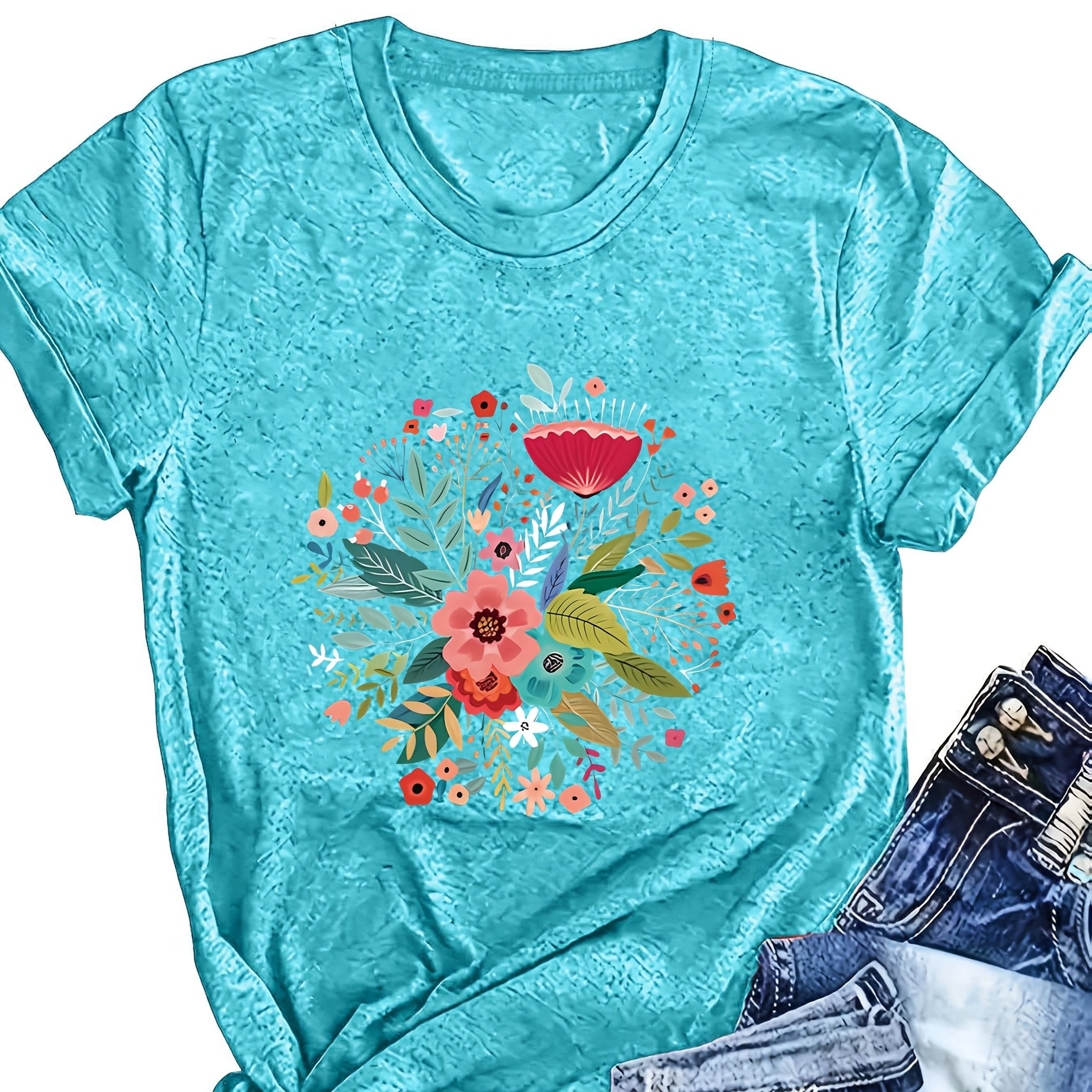 Women's Short Sleeve T-Shirt Relaxed Fit Geometric Floral Summer Top Breathable Fabric