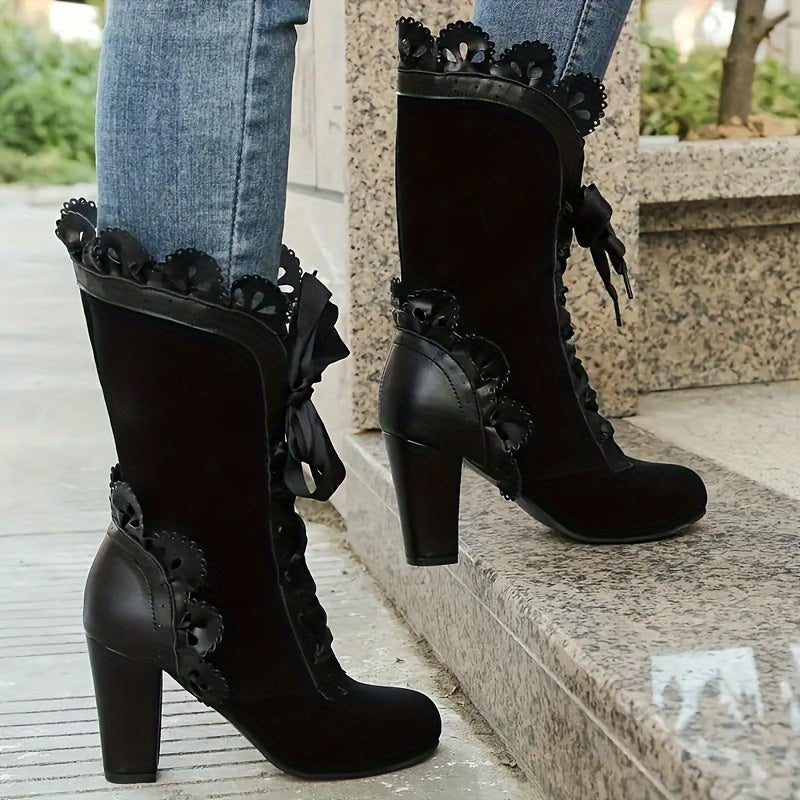 Women's Ruffle Lace Ankle Boots Waterproof Leather Stylish Footwear