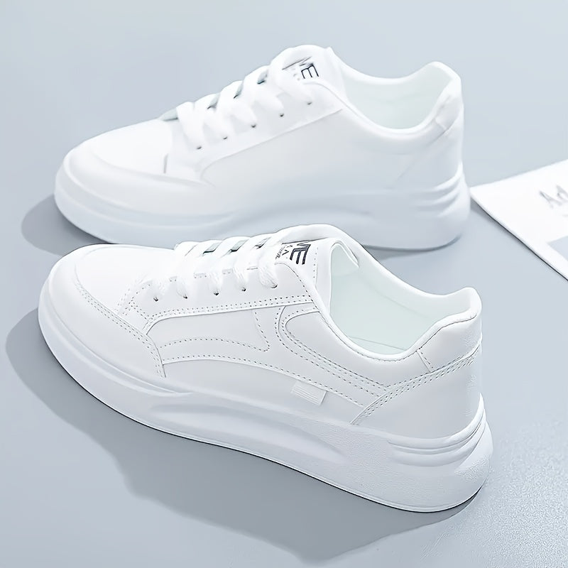Women's Breathable White PU Low-Top Sneakers for Running and Casual Wear