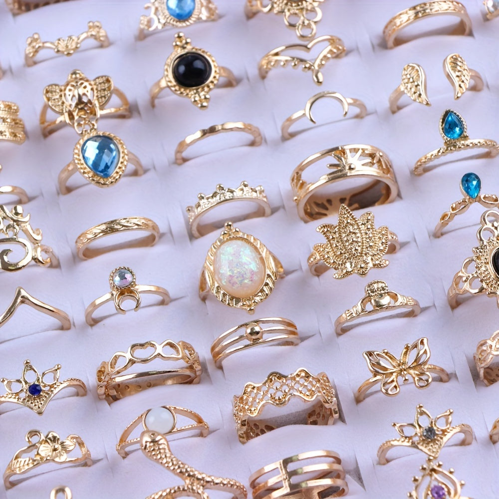 50pcs Zinc Alloy Rhinestone Fashion Rings Set for Women Simple Mix Style All Seasons