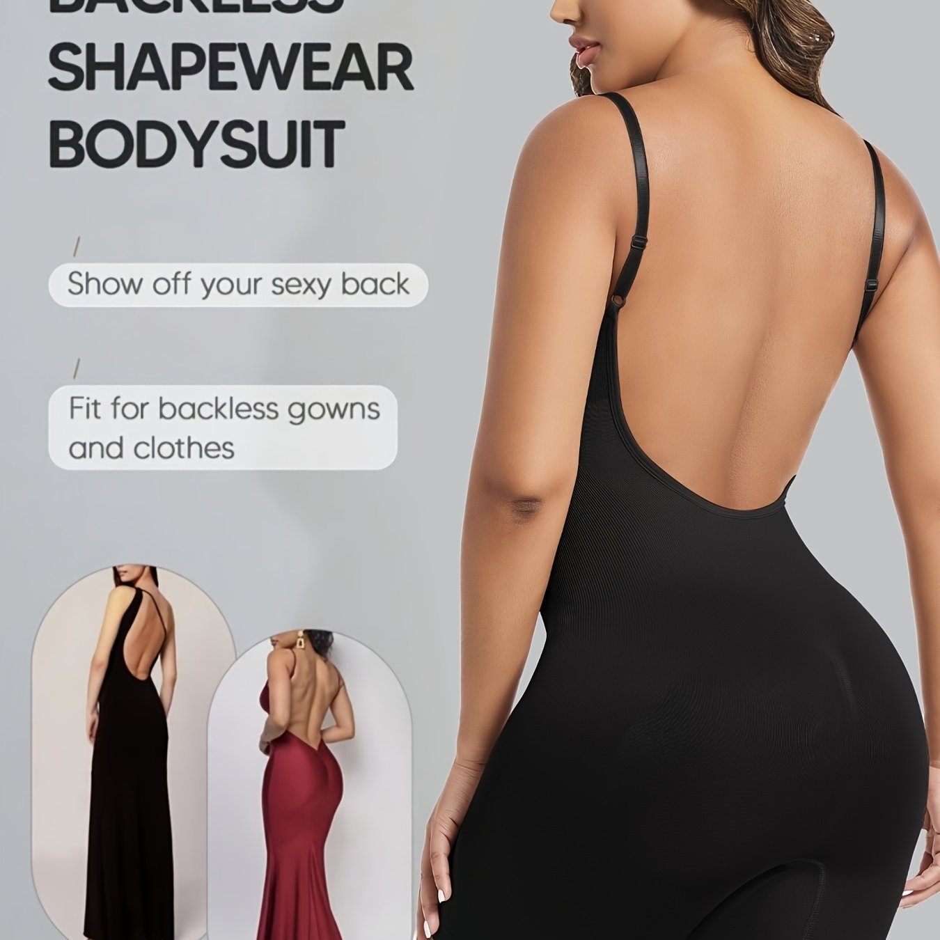 Ayollar uchun qora shovqinsiz qorin nazorati bodysuiti, tizzalarni ko'taruvchi va orqa qismi ochiq dizayni bilan