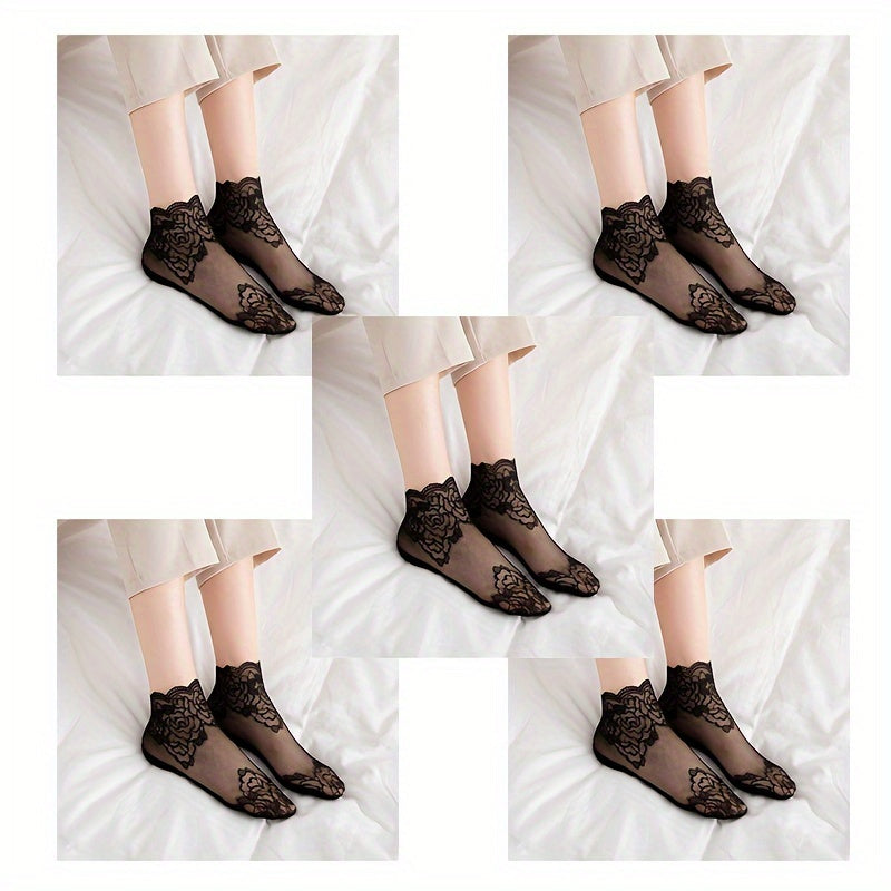Women's Lace-Trimmed Mesh Socks Set 5 Pairs Floral Rose Summer Lightweight