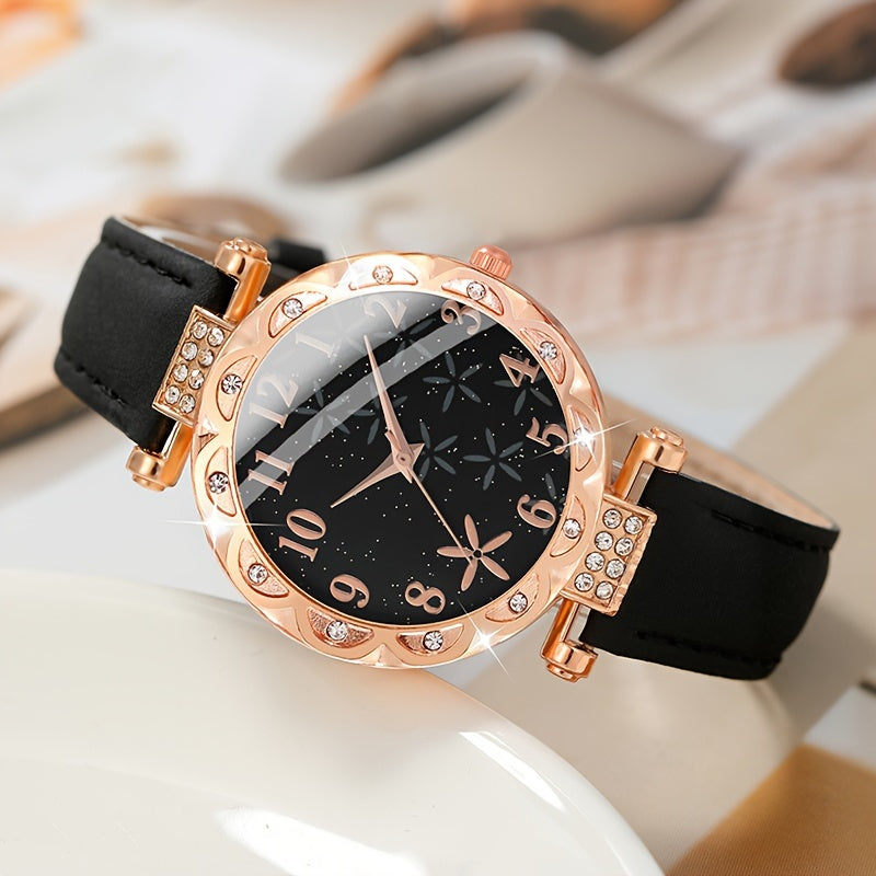 Women's Quartz Watch Set with Rhinestone Flower Detail and Jewelry Gift Set