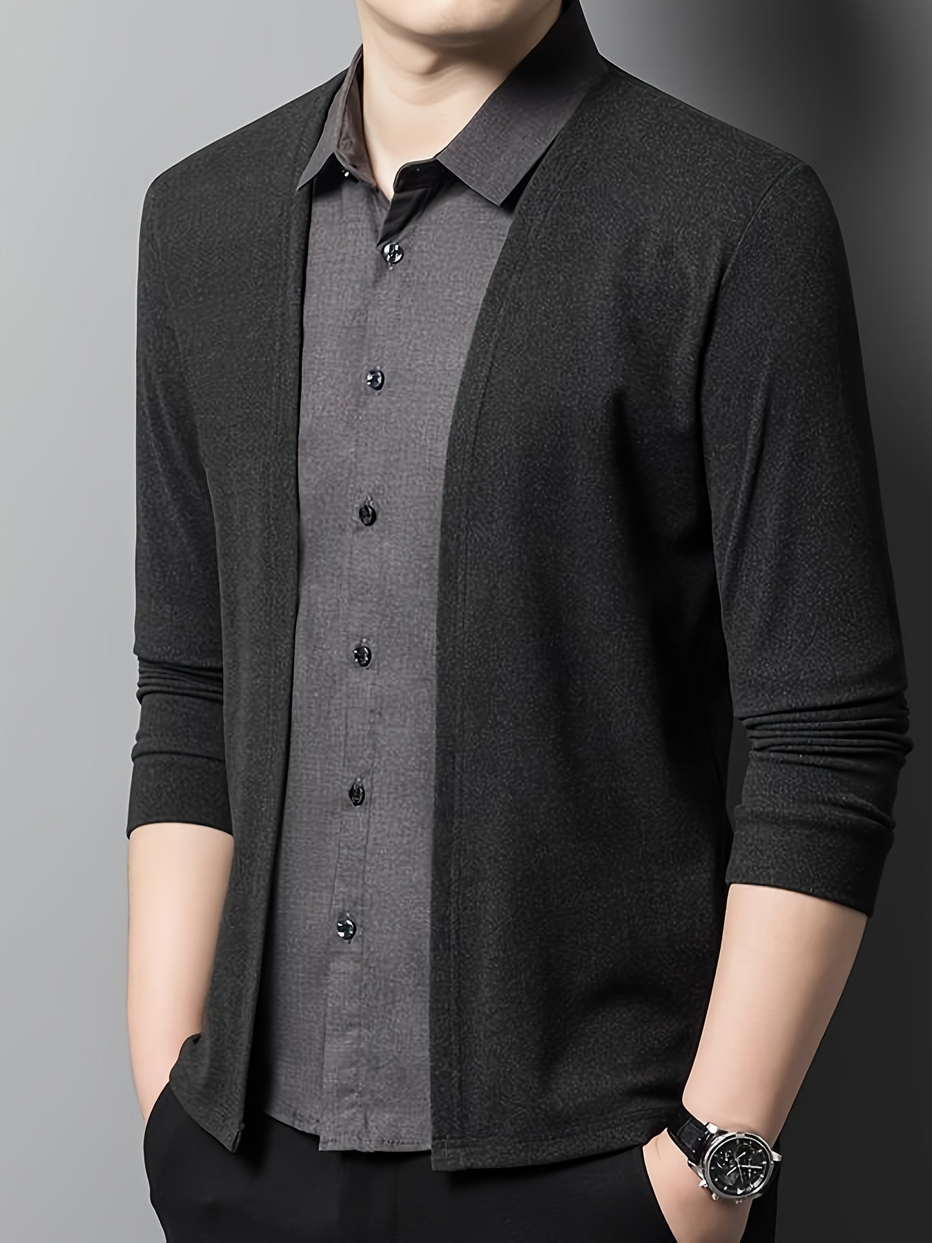 Men's Color-Blocked Casual Shirt Long Sleeve Collared Polyester