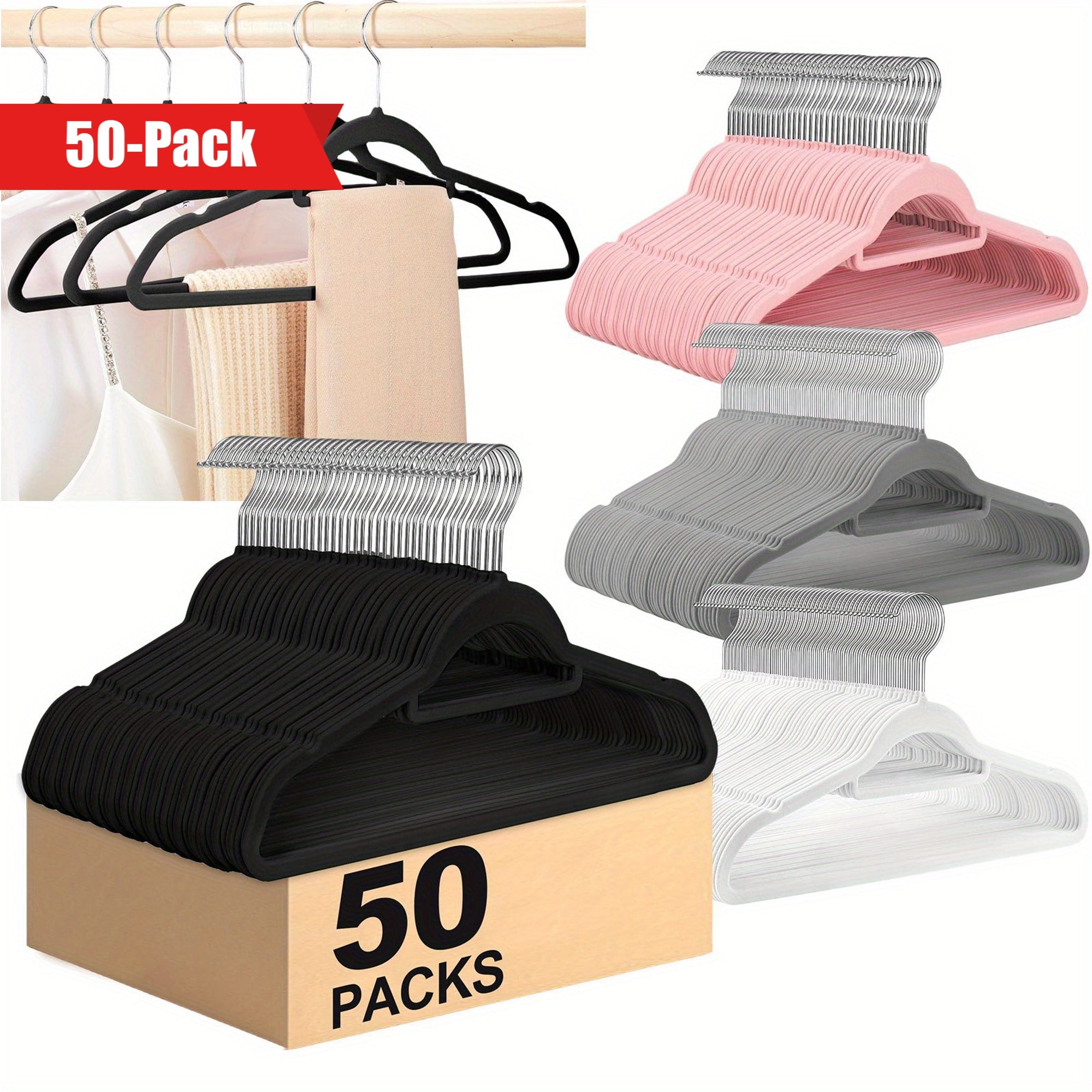 50-Pack Velvet Hangers with Tie Bar Non-Slip Flocked Felt for Coats Pants Dresses and Suits