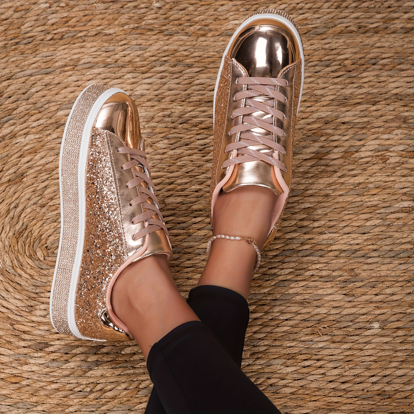 Women's Glitter Skate Shoes Casual Lace-Up Low Top Sneakers