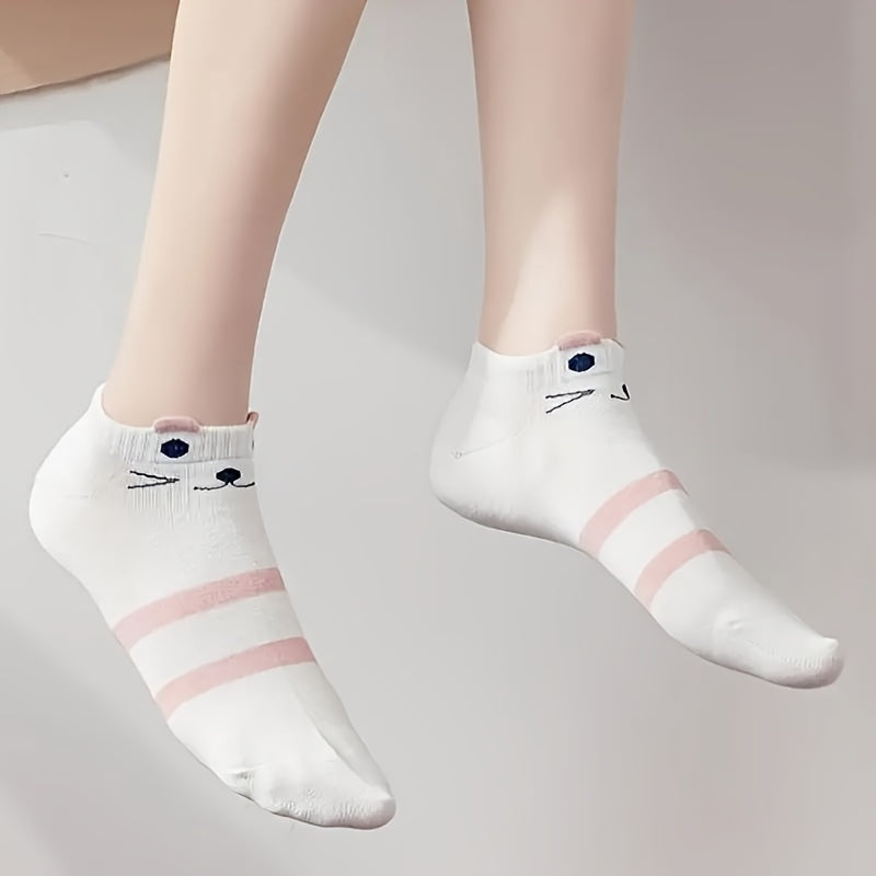 Women’s Ankle Socks 5 Pairs Cartoon Cat Print Soft Comfortable Knit Fabric