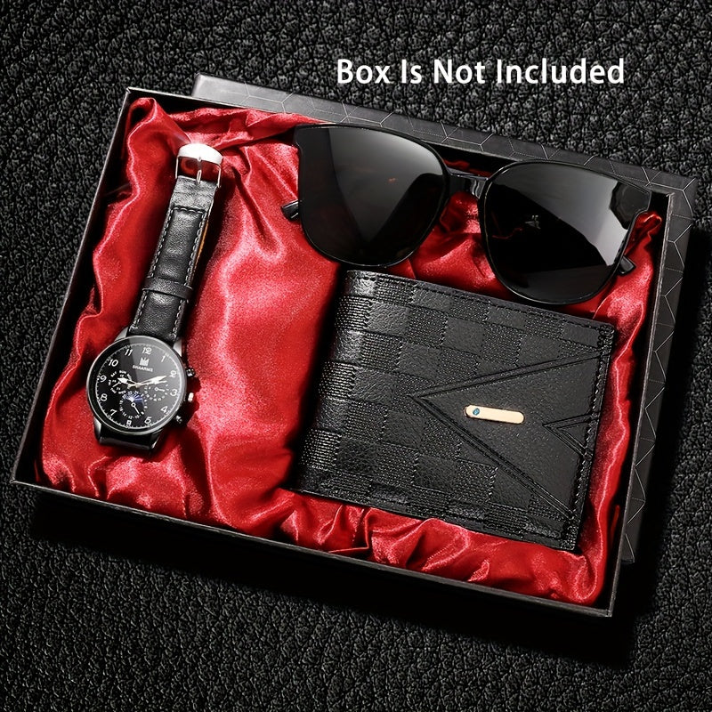 Men's Accessories Set 3-Piece Watch Wallet Glasses Business Sports Quartz Analog Leather