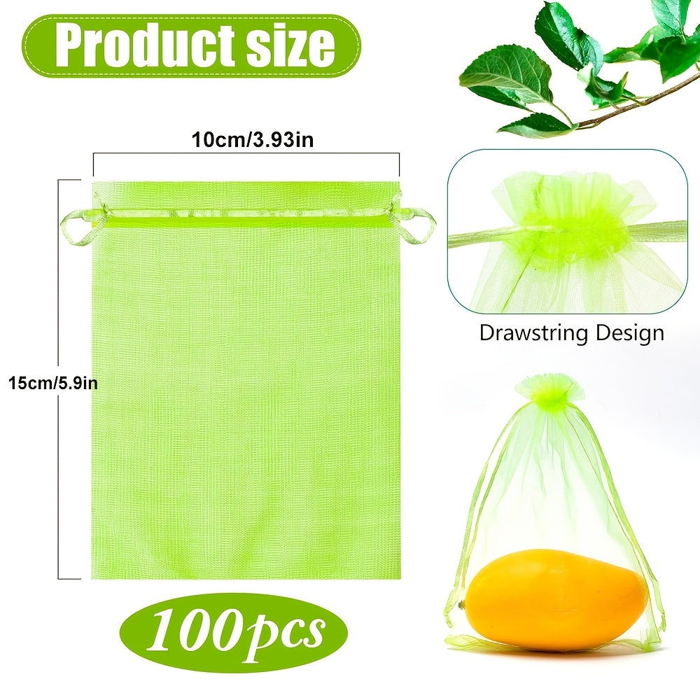 Green Breathable Mesh Fruit Protection Bags 100pcs with Drawstring for Grapes Strawberries Lemons