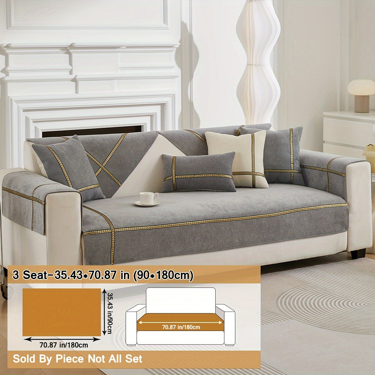 Серый чехол на диван из шенилля с золотой плетеной отделкой, противоскользящий, подходит для домашних животных, для 1-4 местных