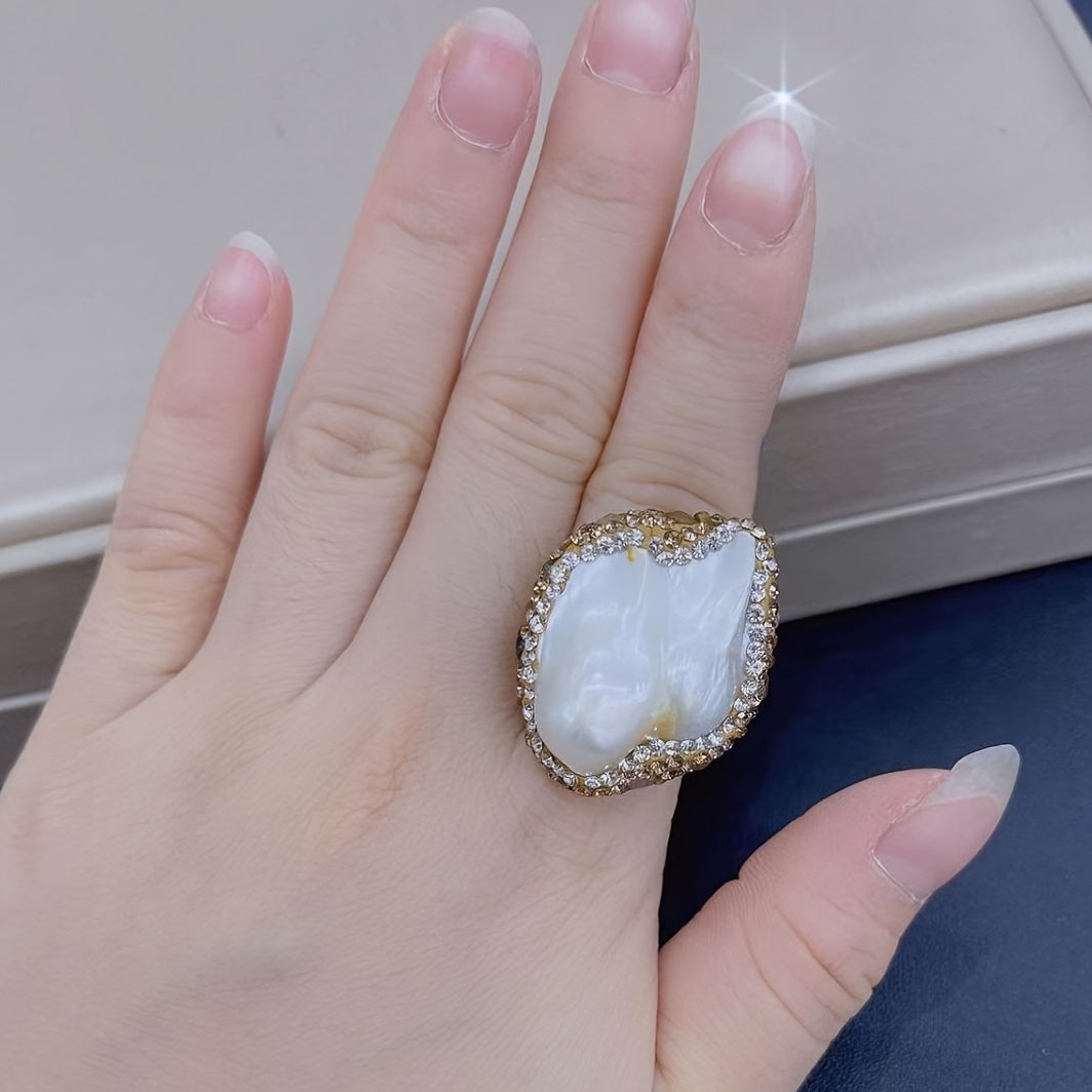 Anillo de perla de agua dulce estilo bohemio barroco en bisutería de oro de 14 quilates para mujeres