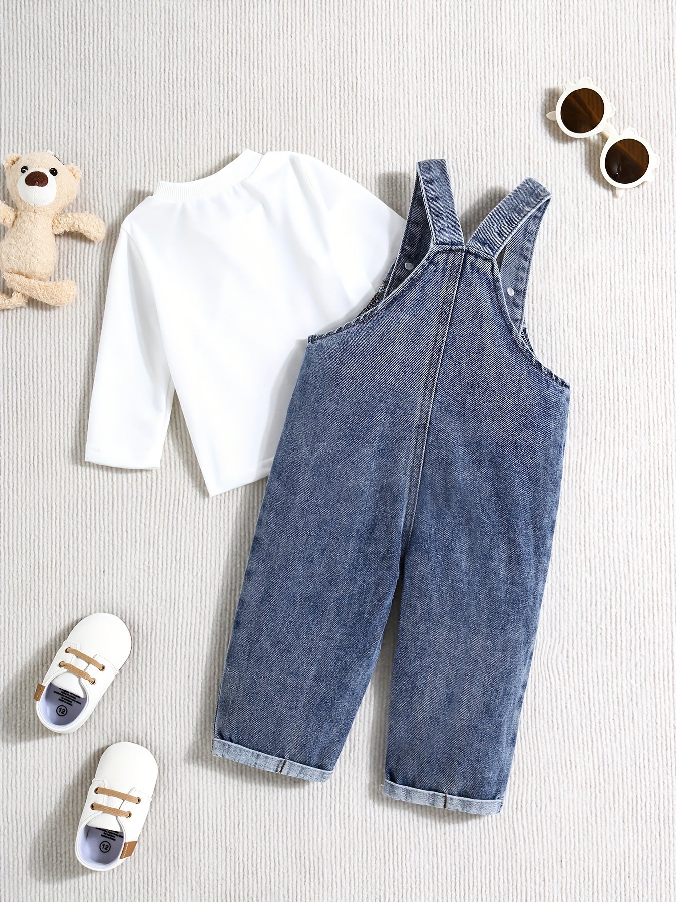 Boys Denim Overalls Set with Bear Design Casual Spring Fall Machine Washable Kids 0-3 Years