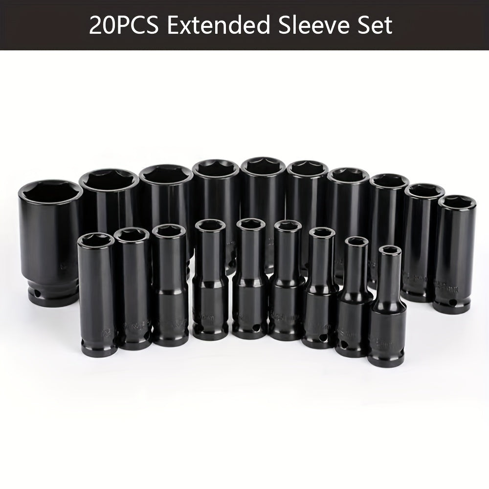 20PCS Heavy Duty Hex Impact Wrench Socket Set 8-32mm Black 1/2 Inch