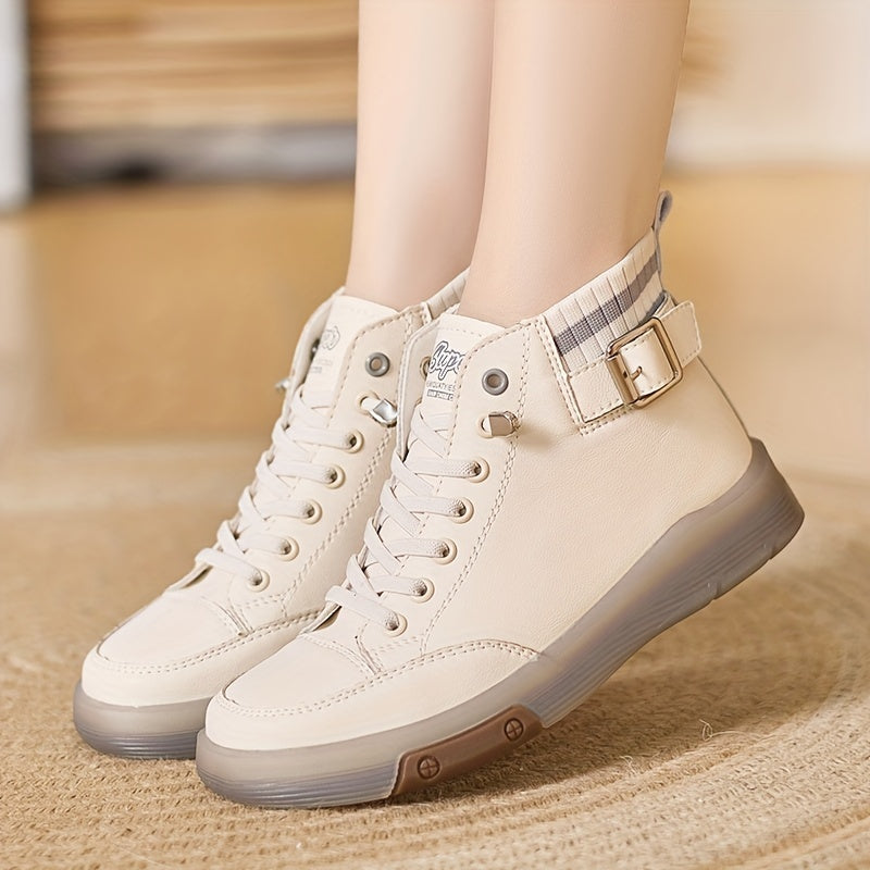 Women's Casual Flat Sneakers, Lace-Up, Buckle Strap, Comfortable Outdoor Shoes