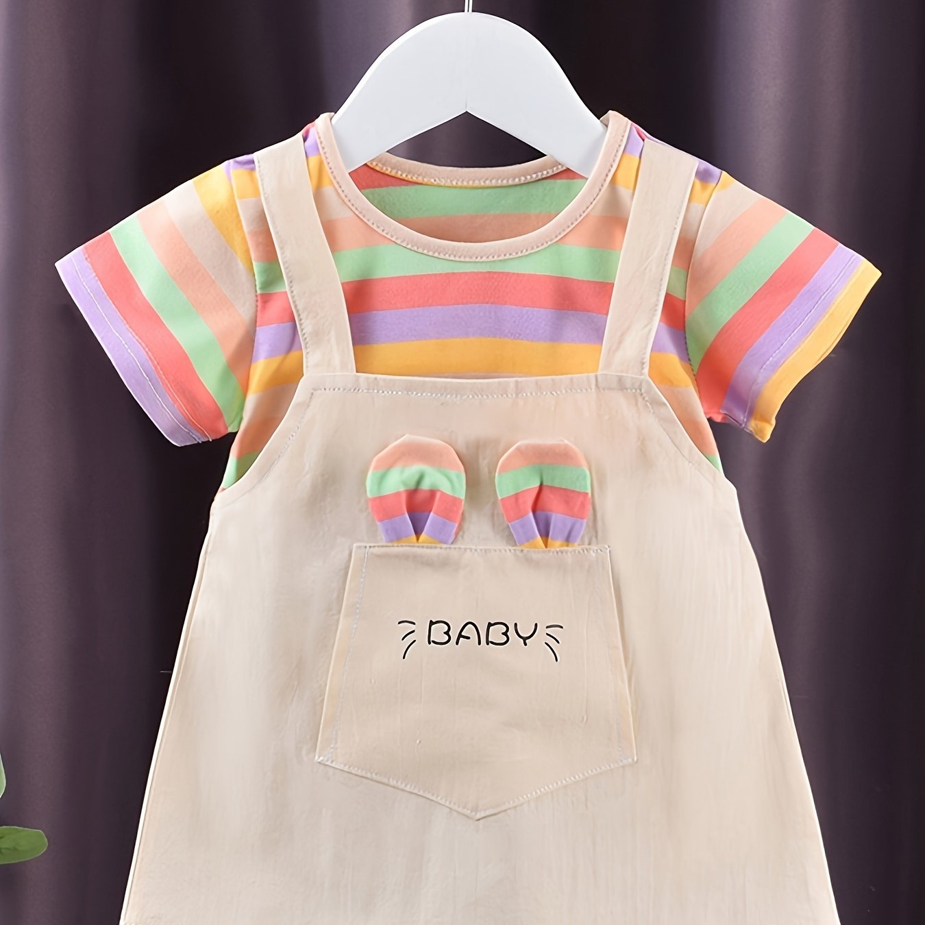 Baby Girl Summer Cotton Dress with Striped Short Sleeves Faux Two-Piece Knit Fabric Regular Fit