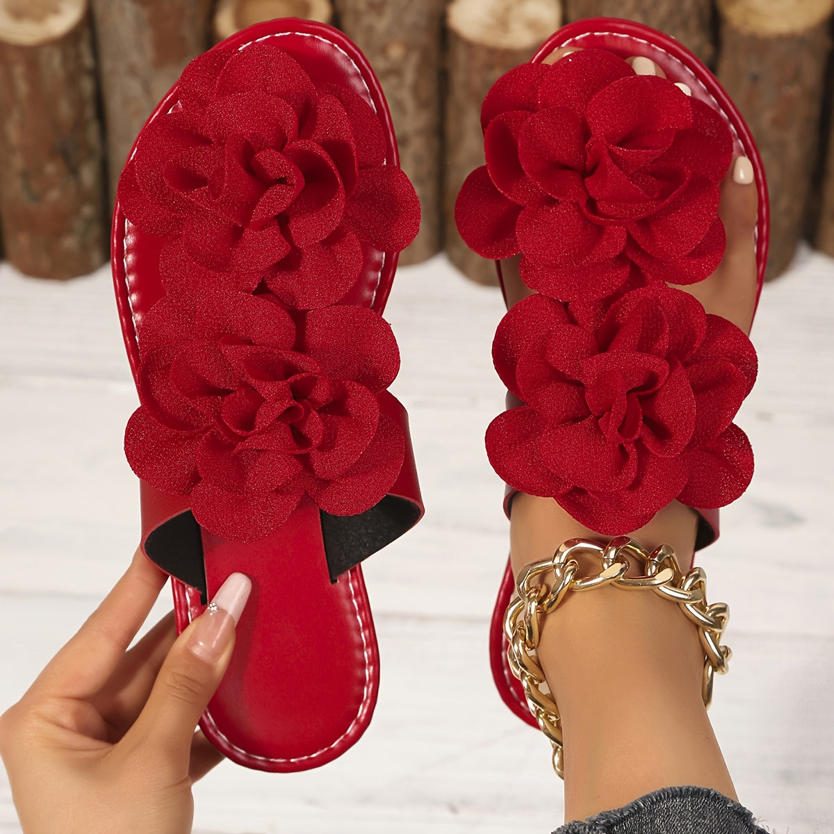 Women's Floral Flat Sandals Open Toe Slip-On with Ankle Strap