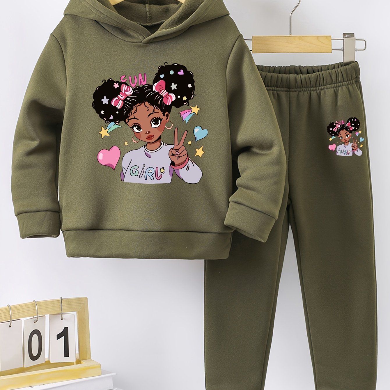 Girls' Fleece-Lined Autumn Winter Hoodies and Sports Pants with Printed Patterns