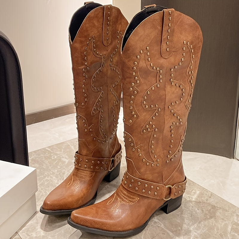 Женские западные ковбойские сапоги с заклепками и массивным каблуком