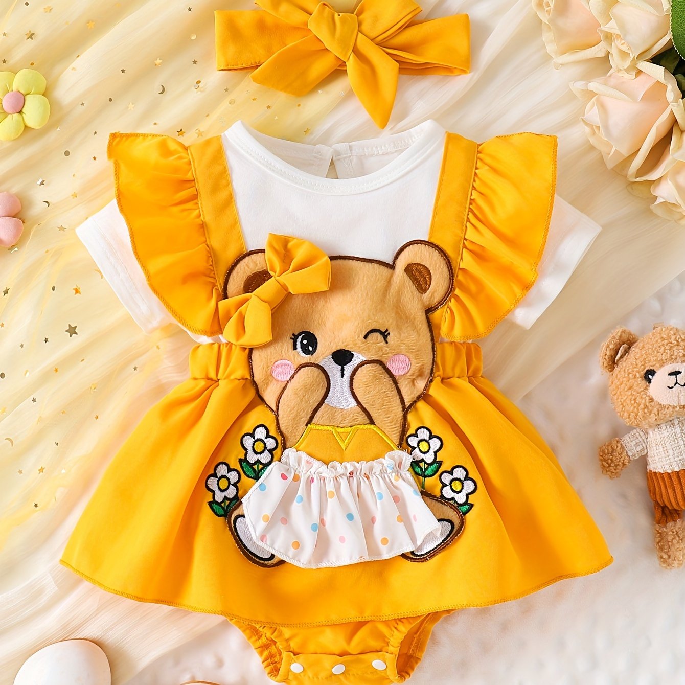 Baby Girl Summer Romper Cotton Bow Bear Embroidery for Newborns Outdoor Wear