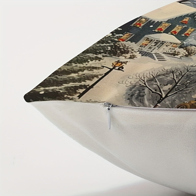 Christmas Eve Snow Scene Linen Throw Pillow Cover 44.96cm Zippered Machine Washable for Sofa Living Room Bedroom