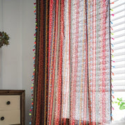 Cortina de estilo bohemio de granja con rayas rojas y borlas para dormitorio, sala de estar y decoración del hogar