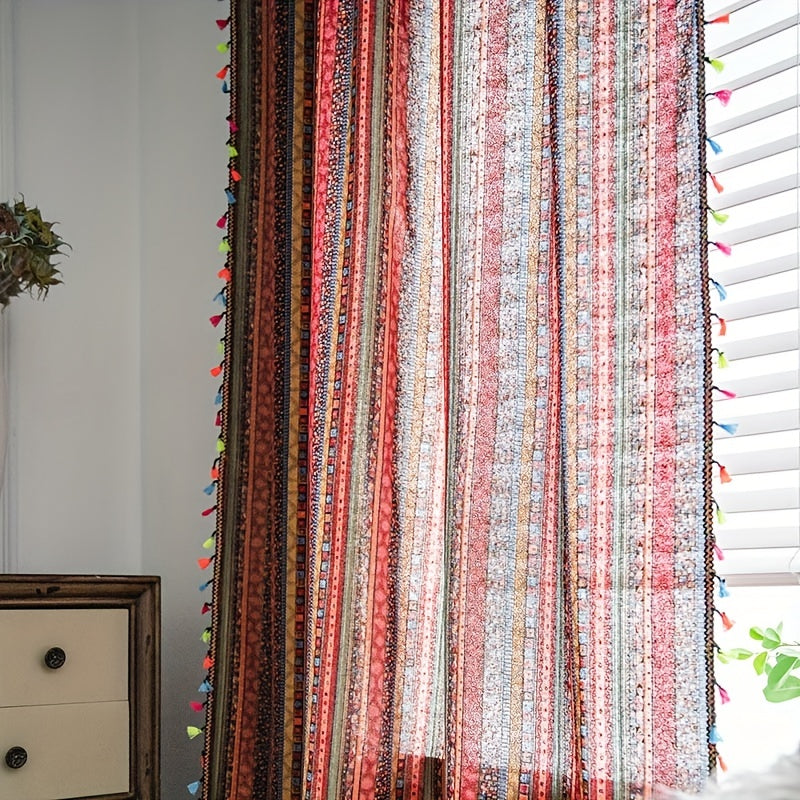 Cortina de estilo bohemio de granja con rayas rojas y borlas para dormitorio, sala de estar y decoración del hogar