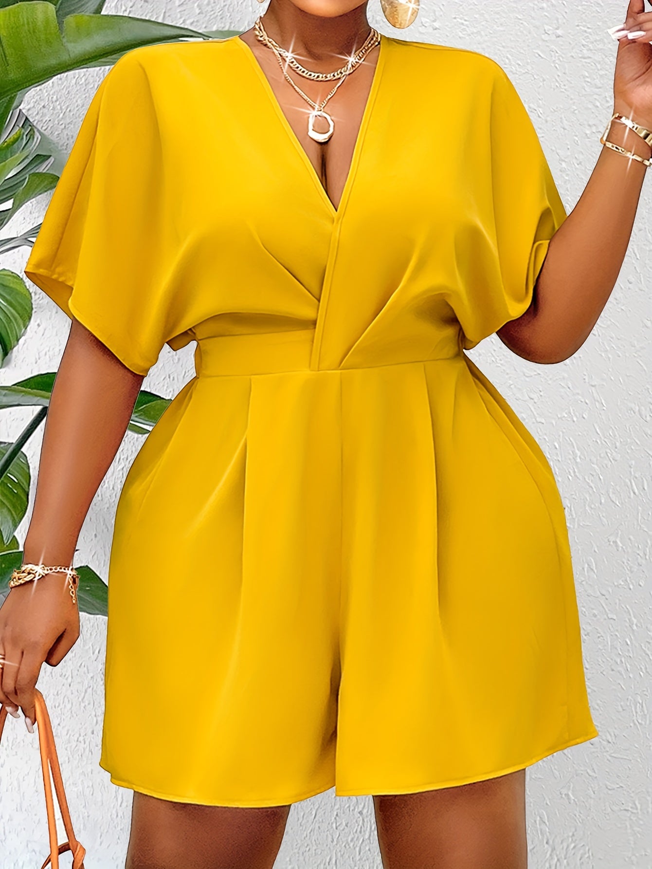 Women's Polyester Blend V-Neck Sleeveless Jumpsuit Summer Large Size