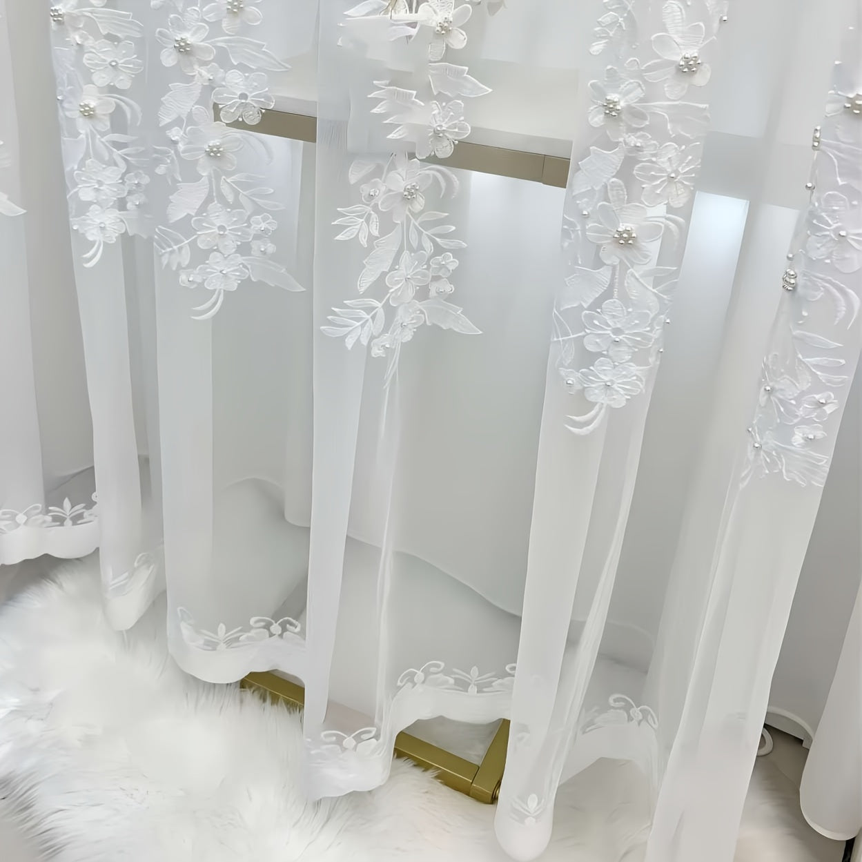 White Embroidery Yarn Curtain with Flowers and Faux Pearl Beads for Home Decor