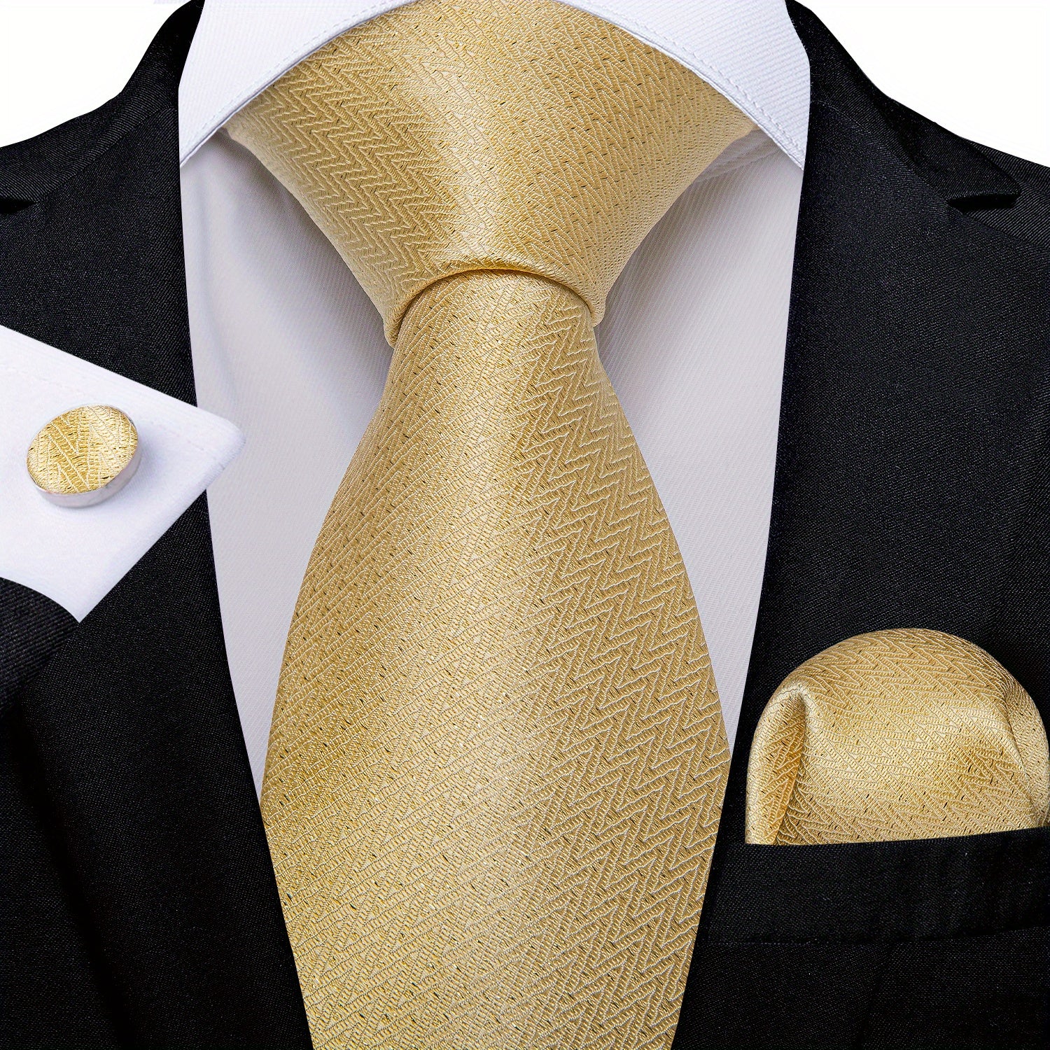 Men's Blue and Yellow Striped Tie Set with Cufflinks and Handkerchief for Business and Gift