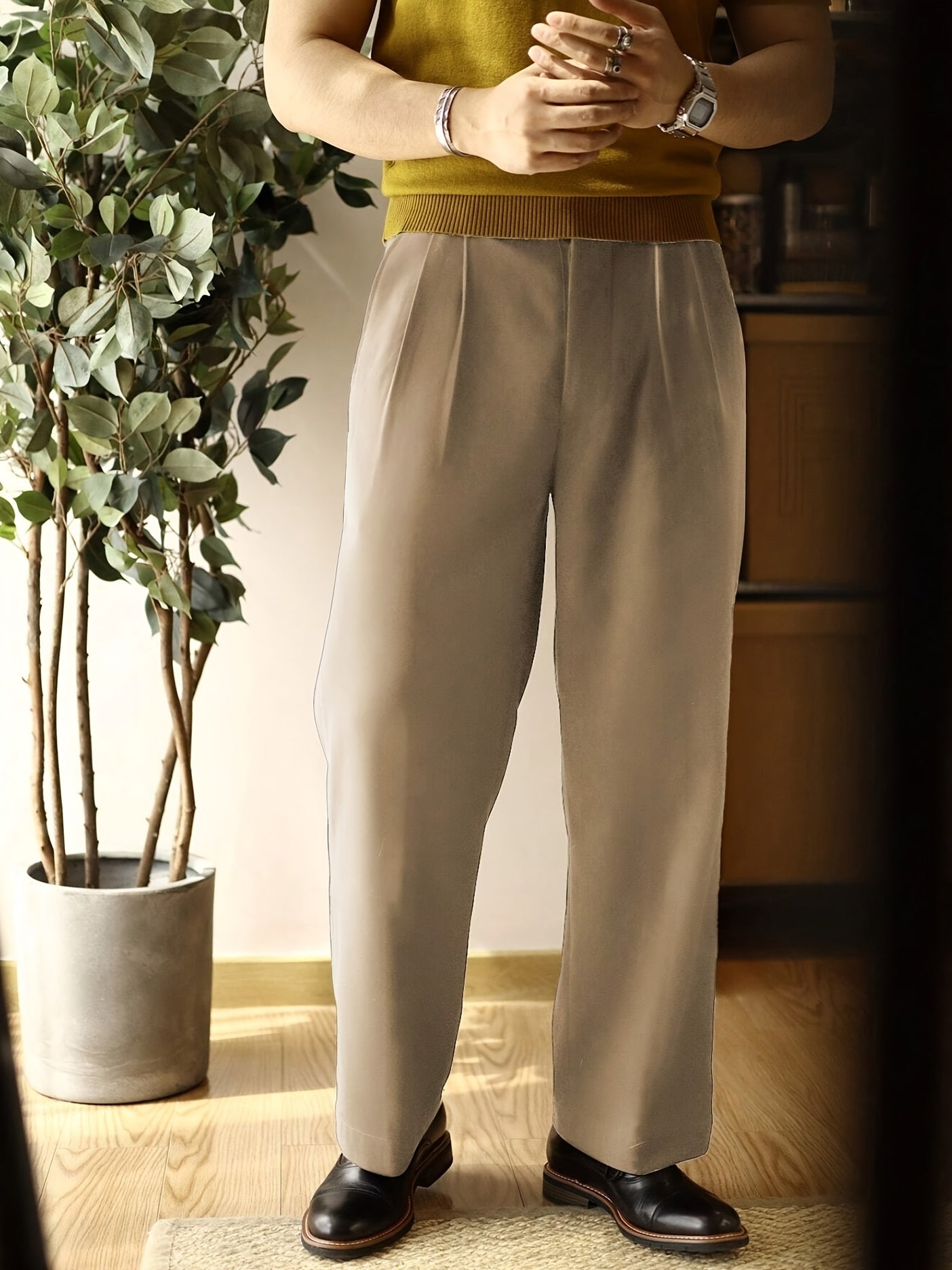 Pantalones de traje de cintura alta para hombre de color sólido, poliéster no elástico, casual, con pliegues y bolsillos, para todas las estaciones