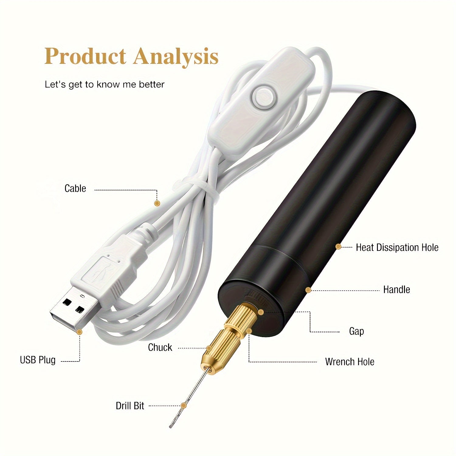 DIY Jewelry Hole Punch Kit with USB Electric Drill and Golden Bits for Pearl and Crystal Crafts