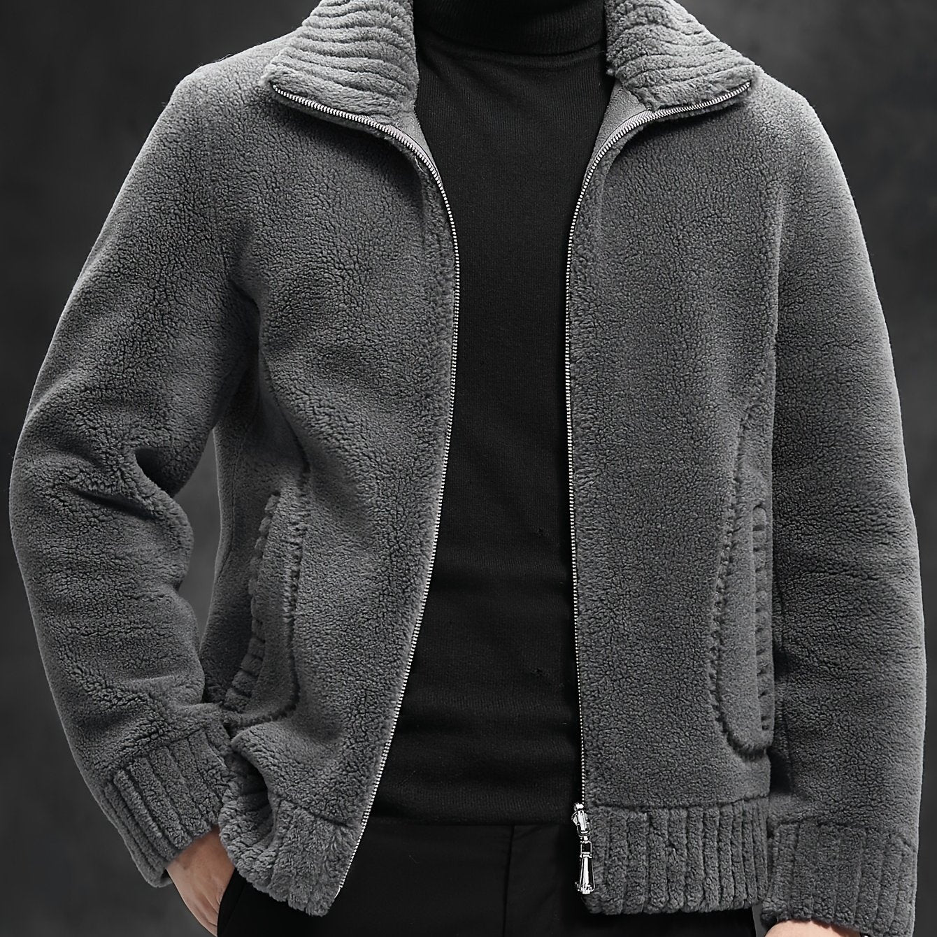 Men's Faux Fur Jacket Wool Polyester Solid Stand Collar Zipper Cold Resistant Outdoor