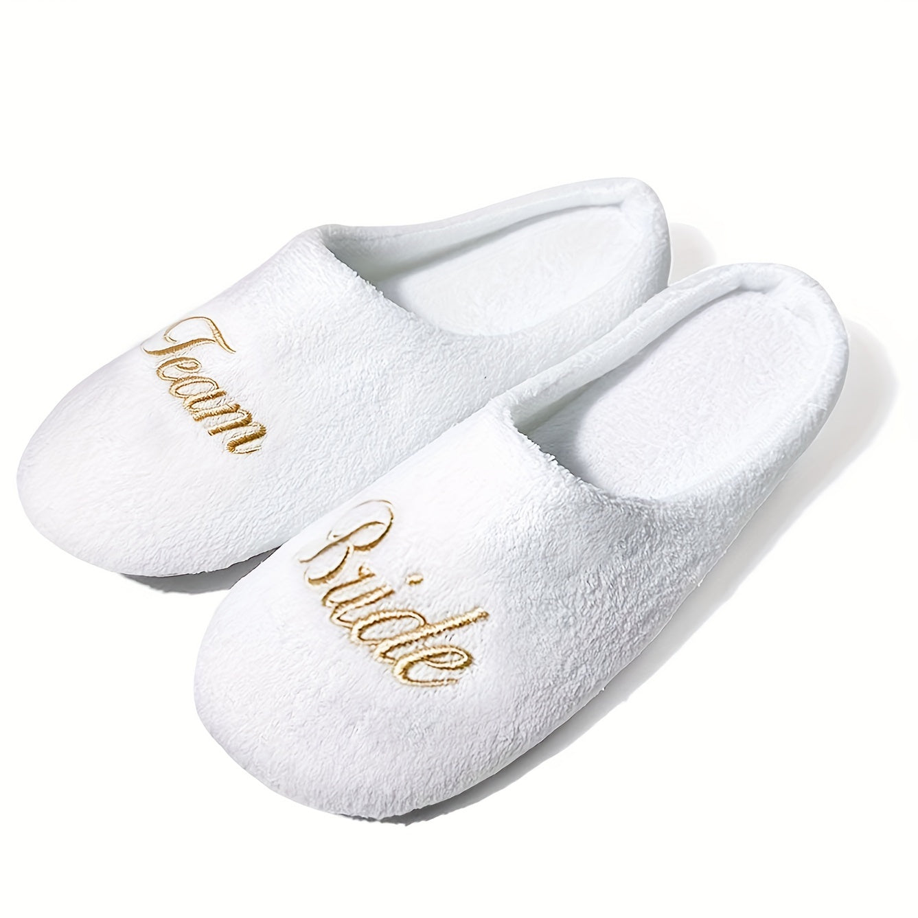 Ayollar uchun oq mo'rt va shilimshiqlik bilan bezatilgan to'yli va oltin harflar bilan yozilgan uy poyabzali