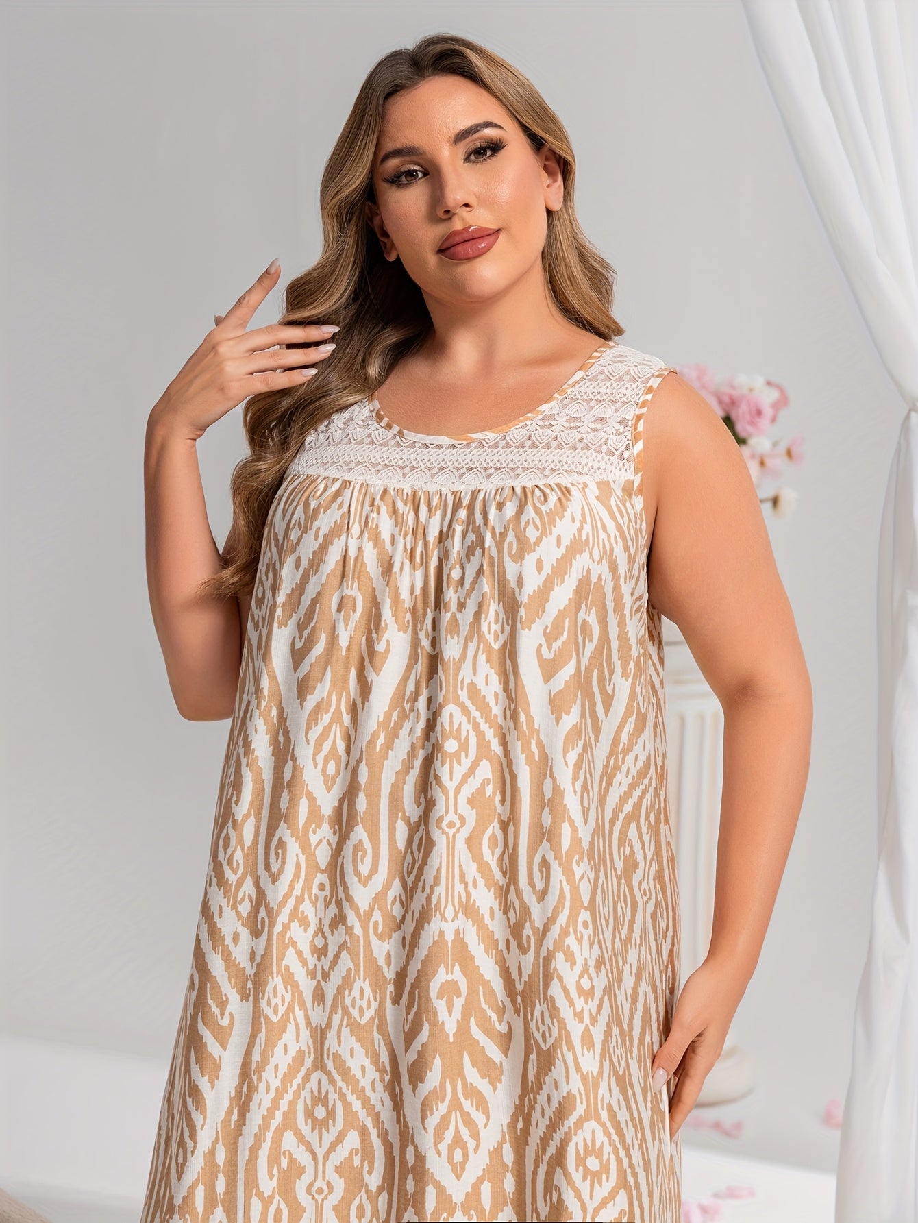 Plus Size Women’s Sleeveless Nightgown with Lace Trim Yellow Geometric Midi Pajama