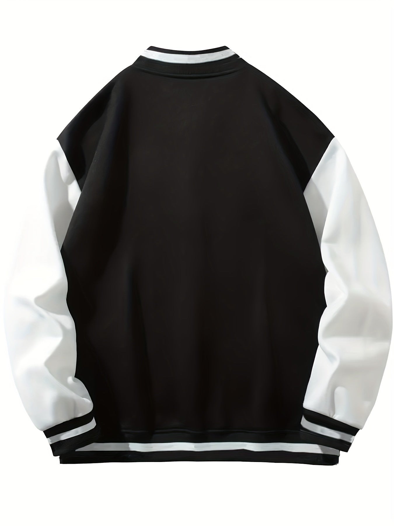 Men's Varsity Jacket in Black and Beige Polyester Snap Closure Baseball Collar Plus Size