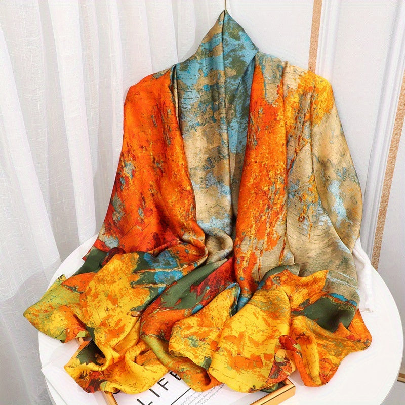 Women’s Satin Shawl with Retro Landscape Print Windproof Sun Protection Wrap