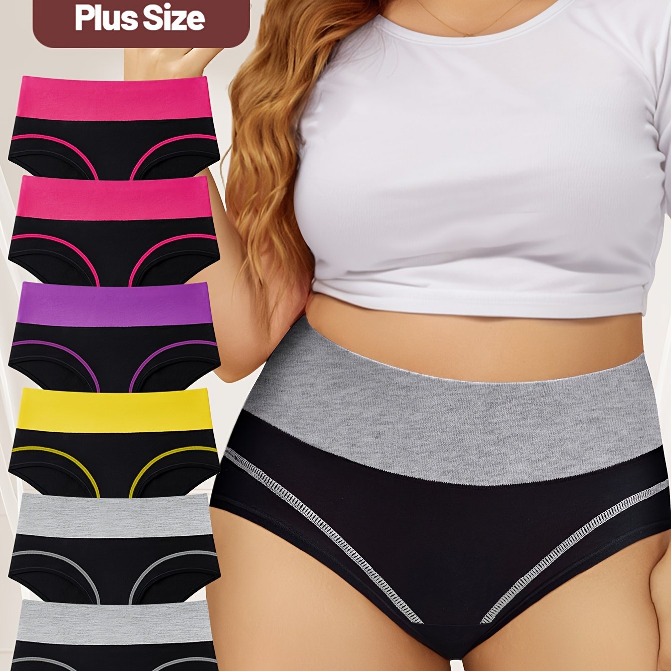 MIOTAN Elegant Katta O'lchamdagi Yuqori Belli Ichki Kiyimlar 6-Paket - Rangli Blok Dizayni, 95% Paxta, 5% Elastan, O'rtacha Cho'ziluvchan Trikotaj Matolari, To'liq Qoplash Quvvatli Moslashuv