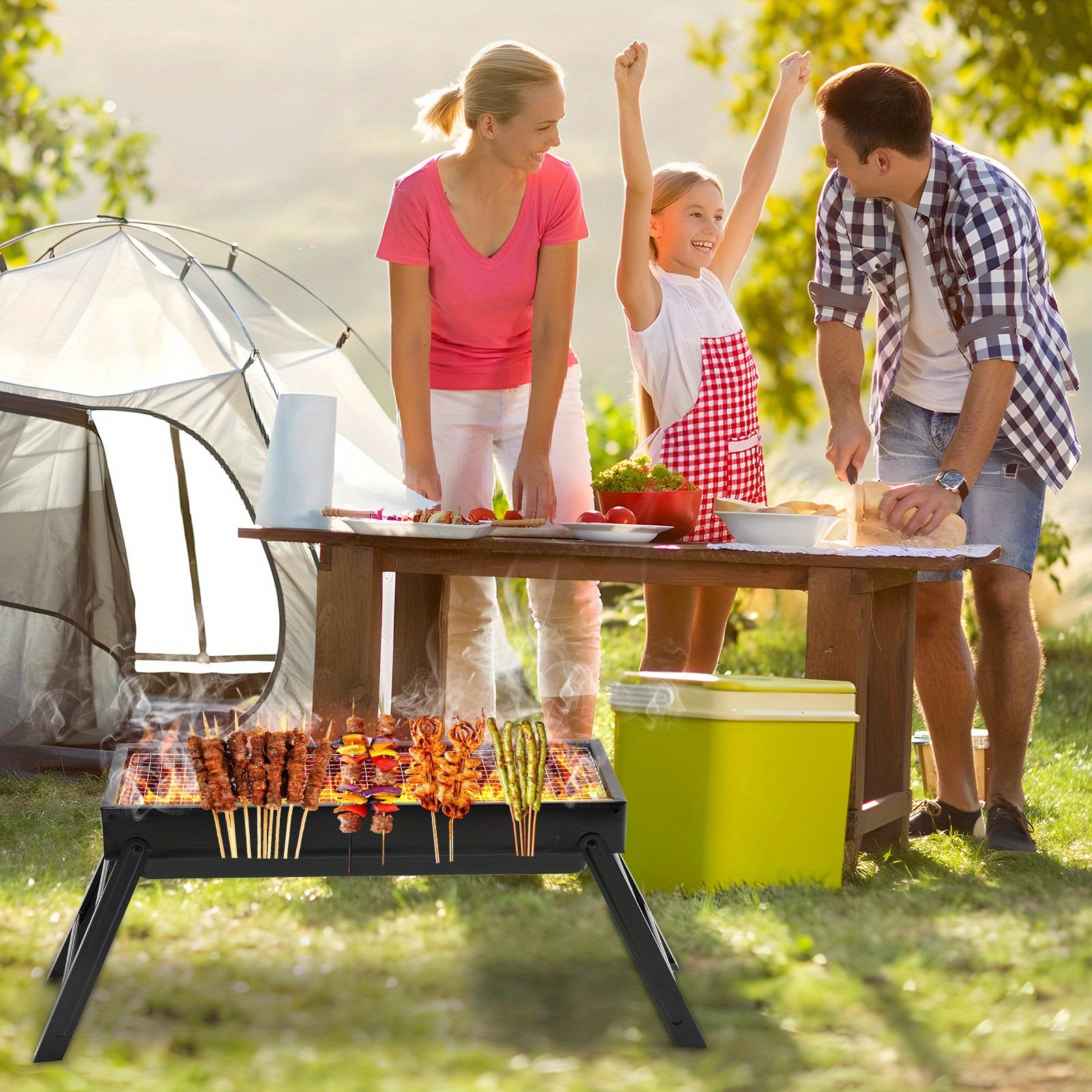 Portable stainless steel foldable charcoal grill with adjustable racks for outdoor cooking camping picnics backyard BBQs kebabs burgers