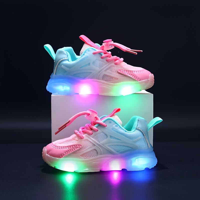 Kids Summer Racing Flats with LED Lights Glitter Stripes Low Top Breathable Mesh Sneakers