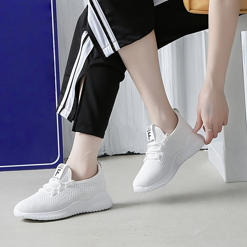 Women's Breathable Knit Sneakers Lightweight Casual Low-Top White Navy Blue