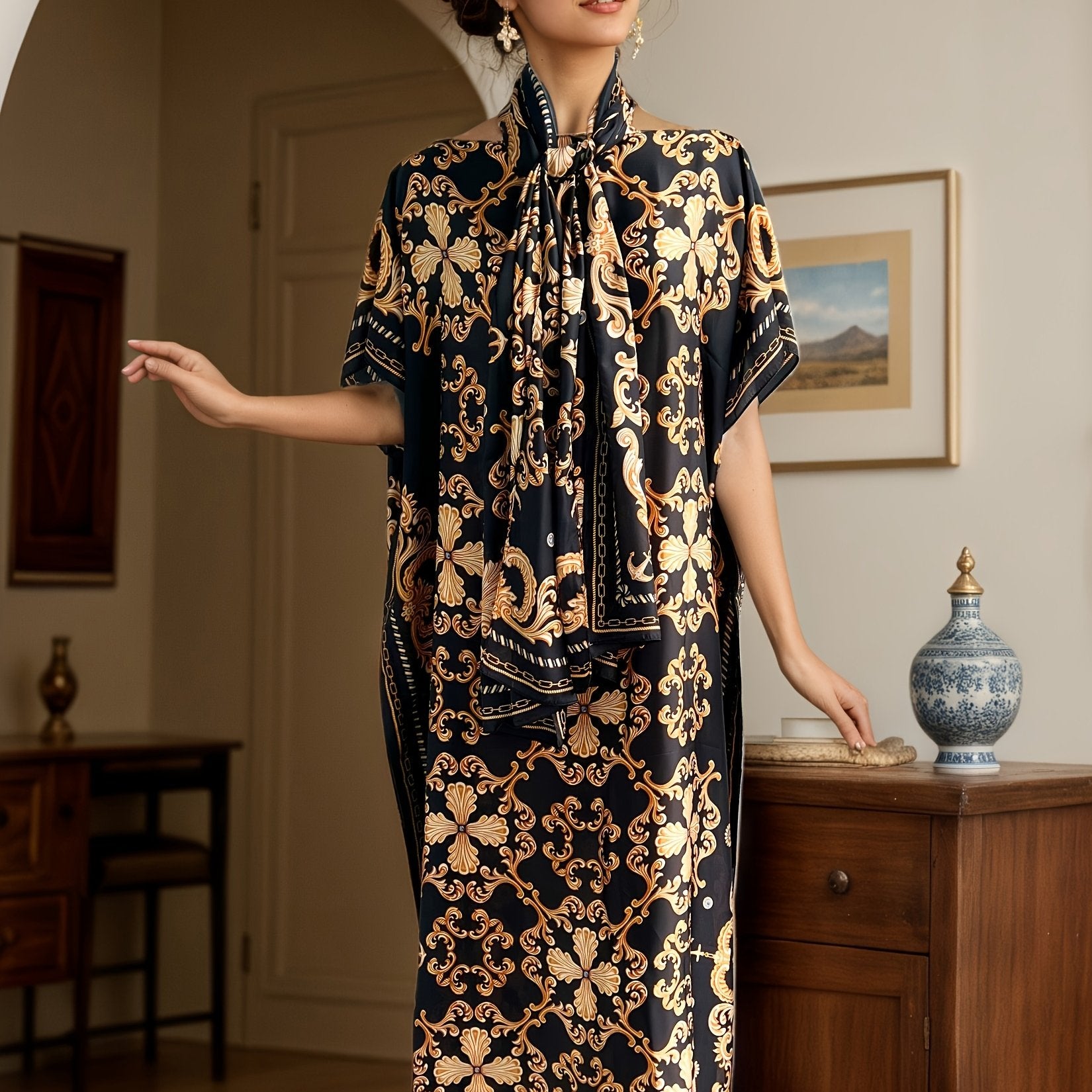 Women's Plus Size Printed Maxi Dress with Scarf, Baroque Design
