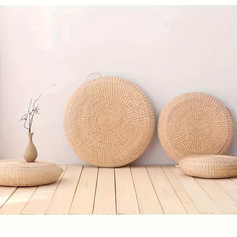 Thick Handwoven Round Tatami Mat Wooden Color 41.91cm Floor Cushion Living Room